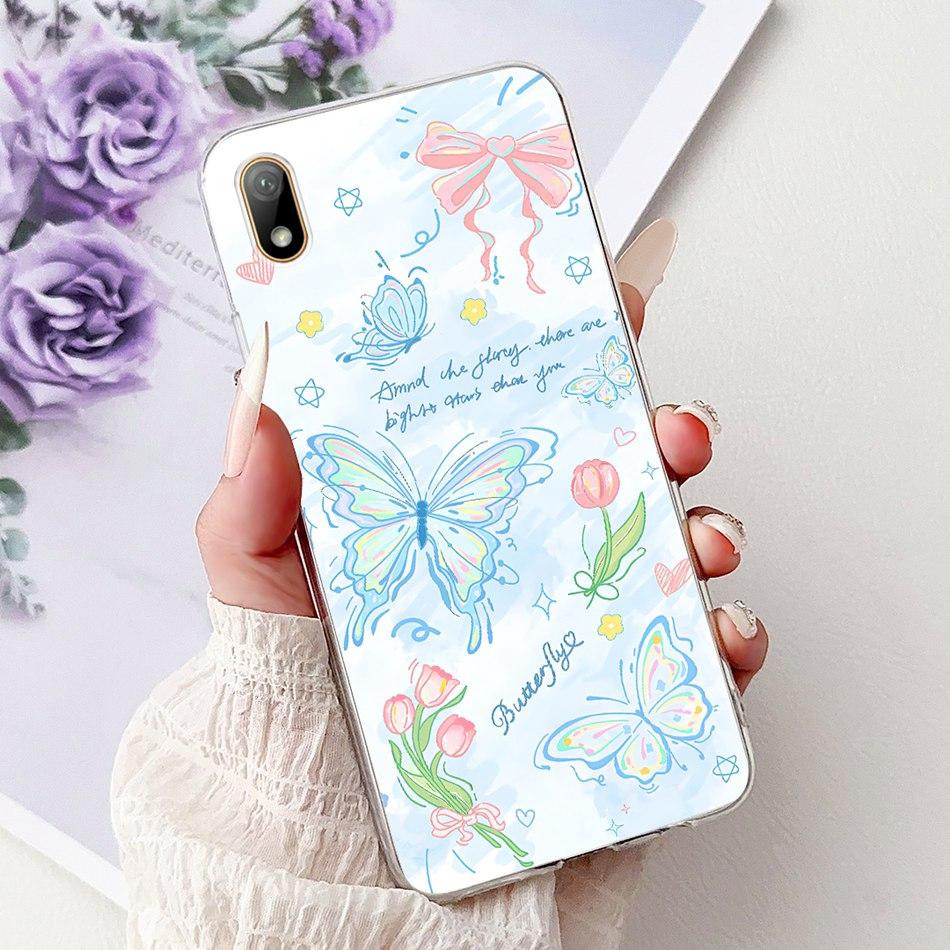 For Huawei Y5 (2019) Phone Case Y5 2019 AMN-LX9 Elegant Floral Cat Painted Soft Silicone Transparent TPU Cases
