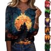 Women's Casual Halloween Print Round Neck Three Quarter Sleeve T Shirt Top Lightweight Comfortable Fit Stylish Design for Everyday Wear