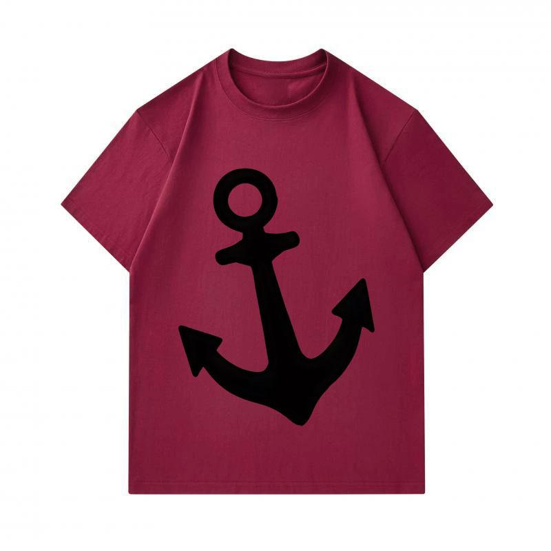 Men's 100% Cotton Crew Neck Short Sleeve T-Shirt, Casual Black Minimalist Anchor Print Comfortable Breathable Loose Fit Summer Daily Top for Naval Nau