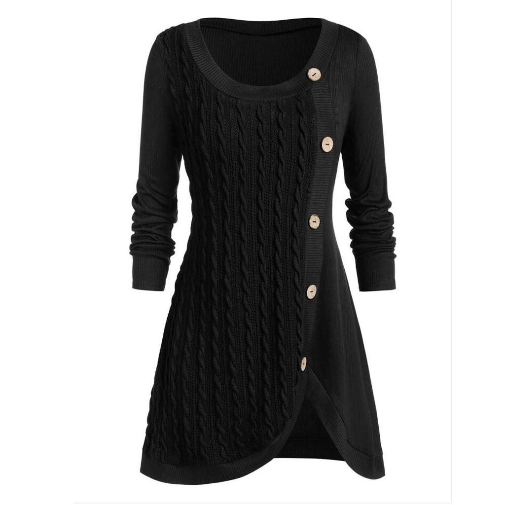 Plus Size Women  Long Sleeve Solid Botton Pachwork Asymmetric Tops Sweater