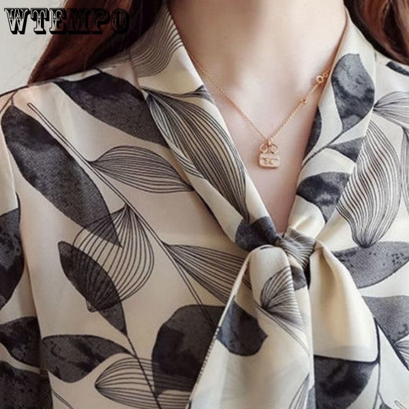 Frühlings- und Herbst Damenhemd Bedrucktes Hemd Schleife Chiffonhemd Langarmhemd Damen