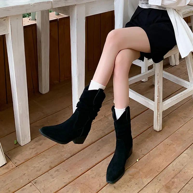 Fashion Spring Autumn Retro Square Toe Ladies Mid Calf Shoes on Promotion Y2k 2024 Comfortable and Elegant Work Women's Half High Boots