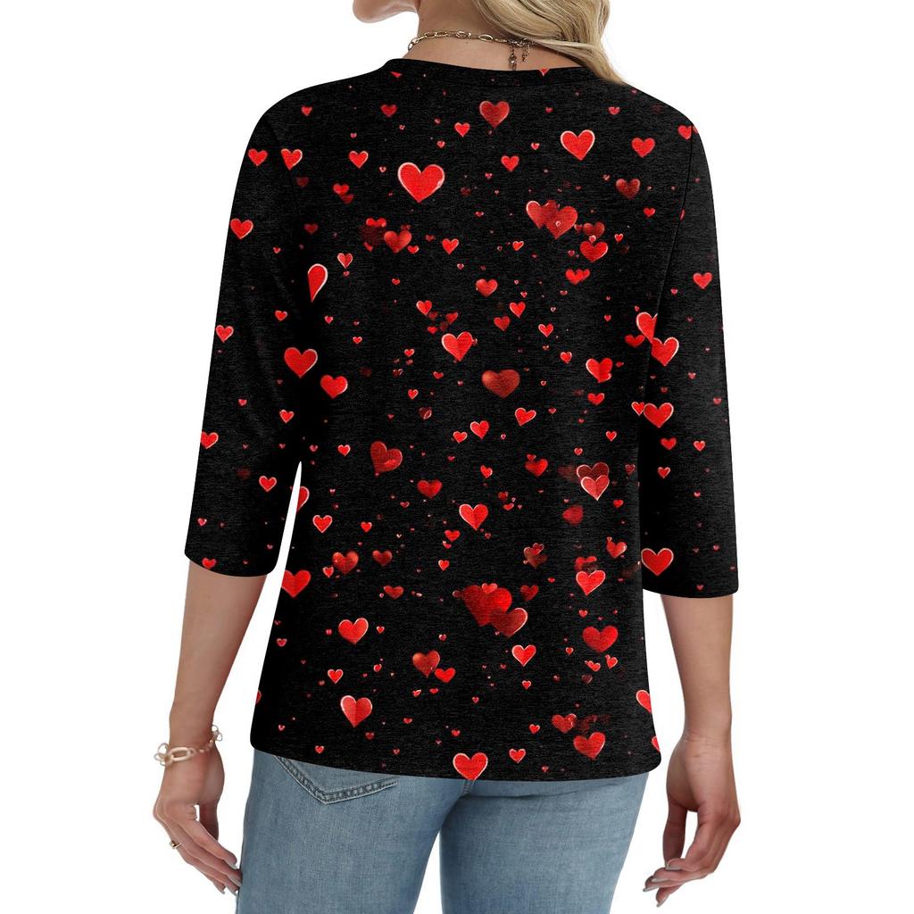 Damen T-Shirt mit Aufdruck, Knopfleiste, 3/4-Ärmel, für den Alltag, Wochenendmode, Basic, V-Ausschnitt, normales Oberteil