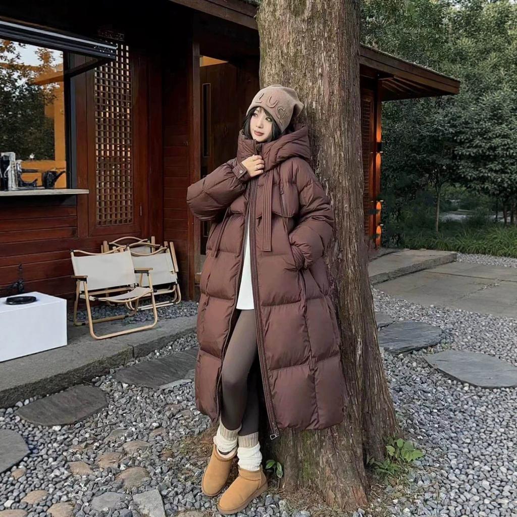 Hooded over the knee loose fashion thickened winter warm foreign gas streamer thin long down jacket