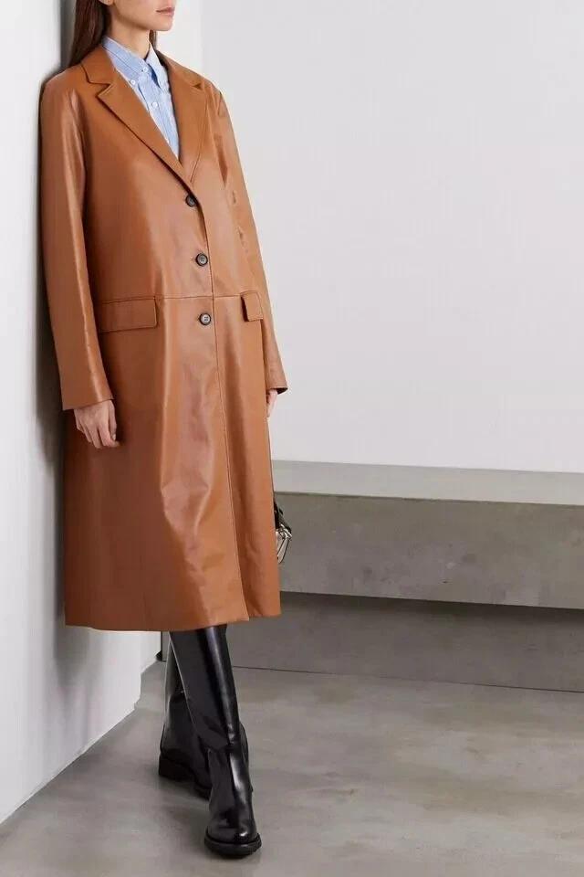 Piele Casual Elegant Moale Femei Trenci Maro Închis Piele de Miel Lucrată Manual Autentică