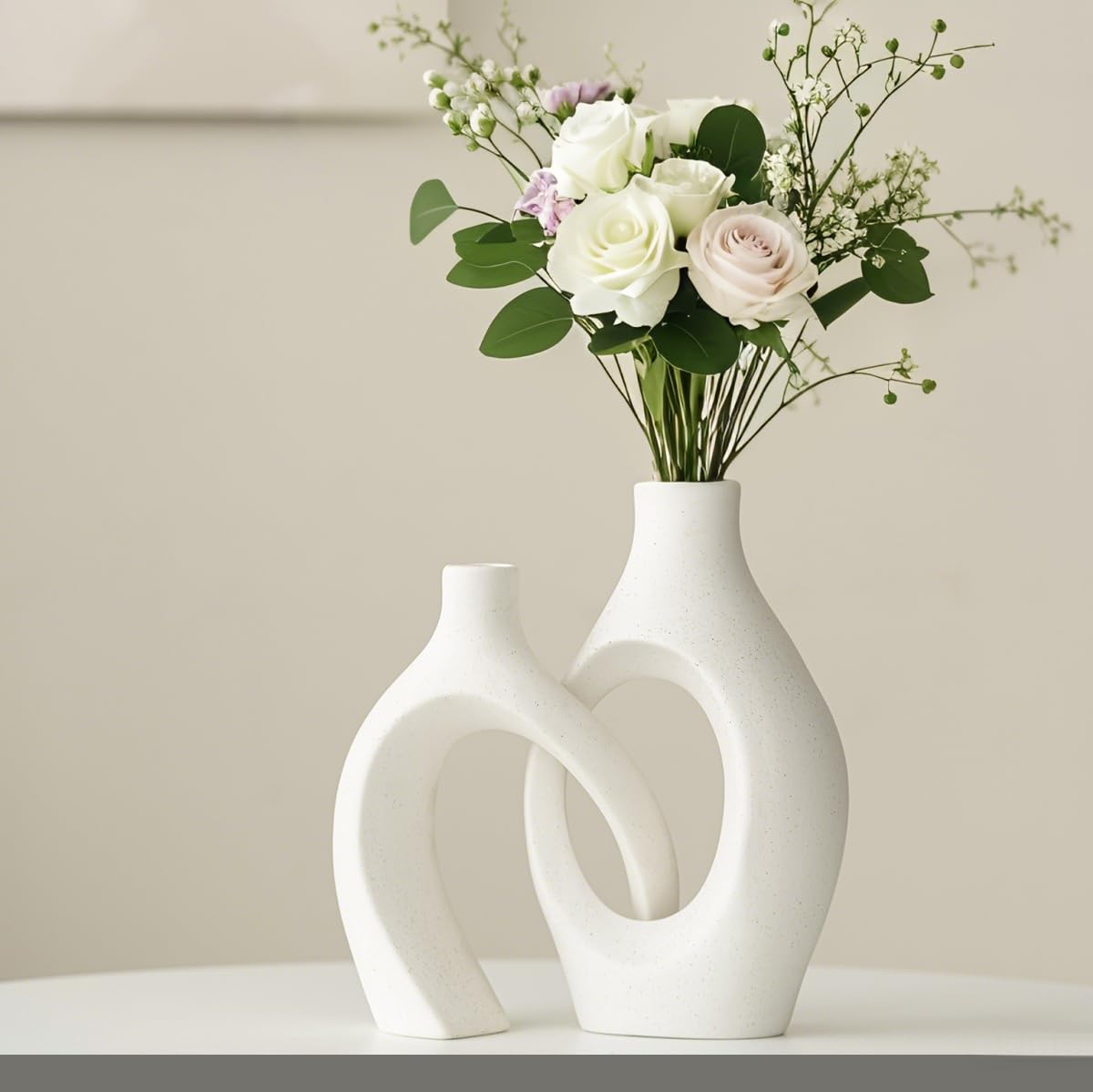 

Modern Ceramic Flower Vase Set of 2, Hollow Design, Off-White, Nordic Style, Home Decor (White, Large)