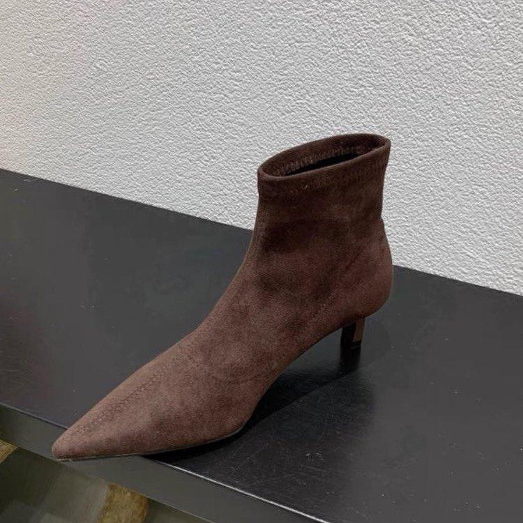 Autumn and winter soft-soled elastic thin boots pointed-toed thin-heeled boots women's short boots small heel versatile black suede single boots