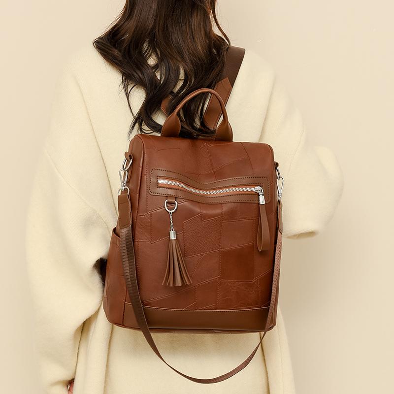 Women's PU Backpack with Patchwork Design Large Capacity Shoulder Bag for Daily Travel