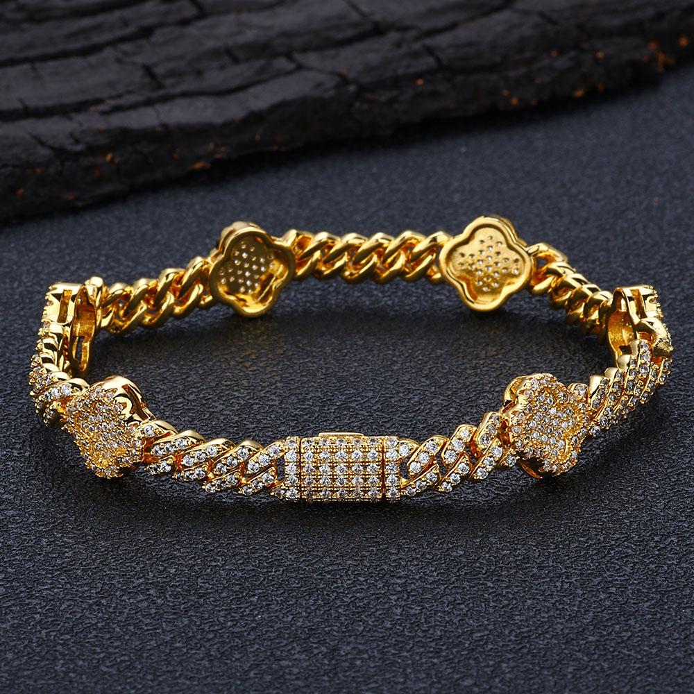 NUOYA Women Luxury 6MM Cuban Link Chain Bracelet with Four Leaf Clover White Gold Plated Diamond Prong Cuban Link Chain Jewelry Bracelet 7 inch(17.78cm) золотой