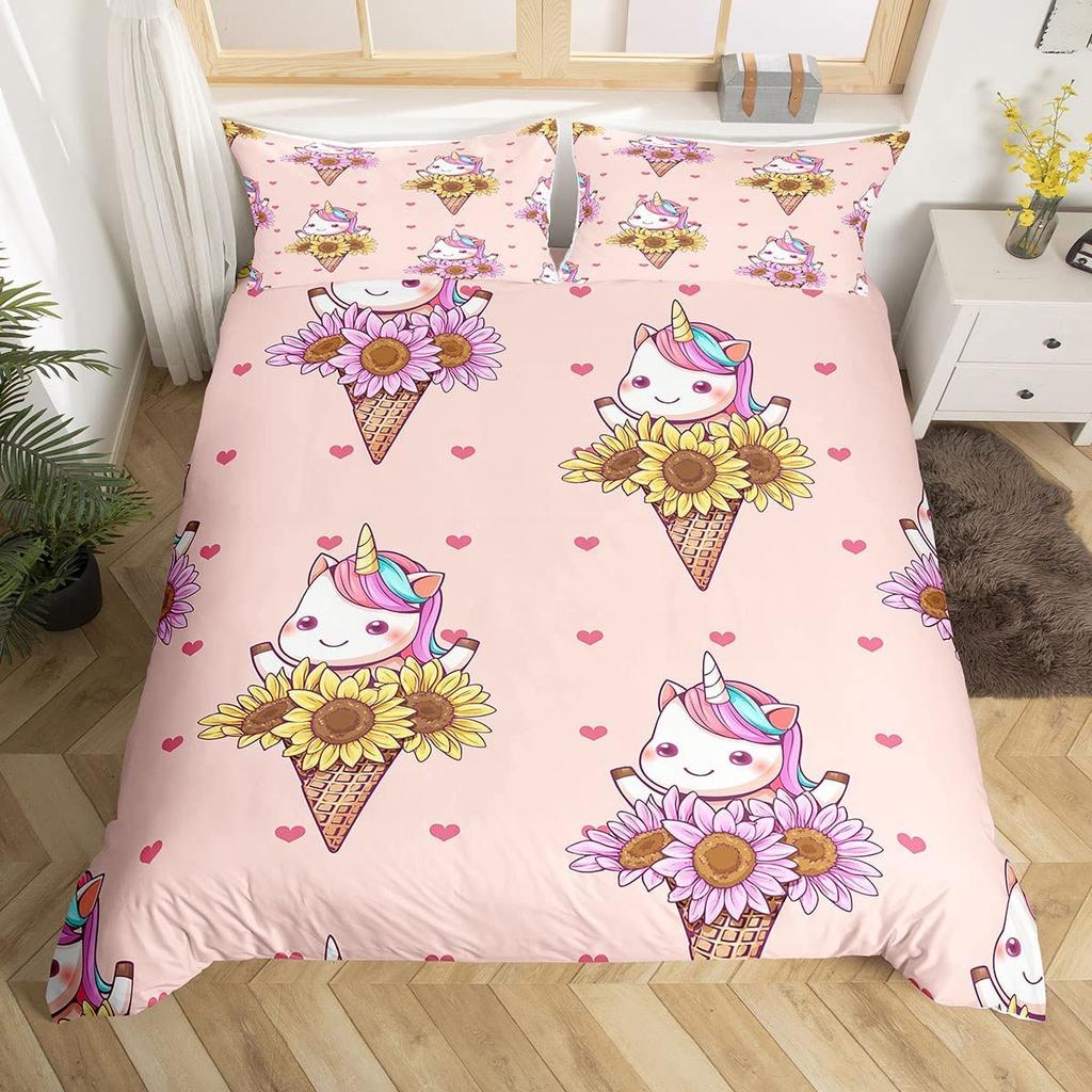 Rainbow Unicorn Quilt Cover Charming Dreamy Horse Comforter Cover Cartoon Little Unicorn Bed Cover Kit Single Size For Girl Teen Kawaii Gifts