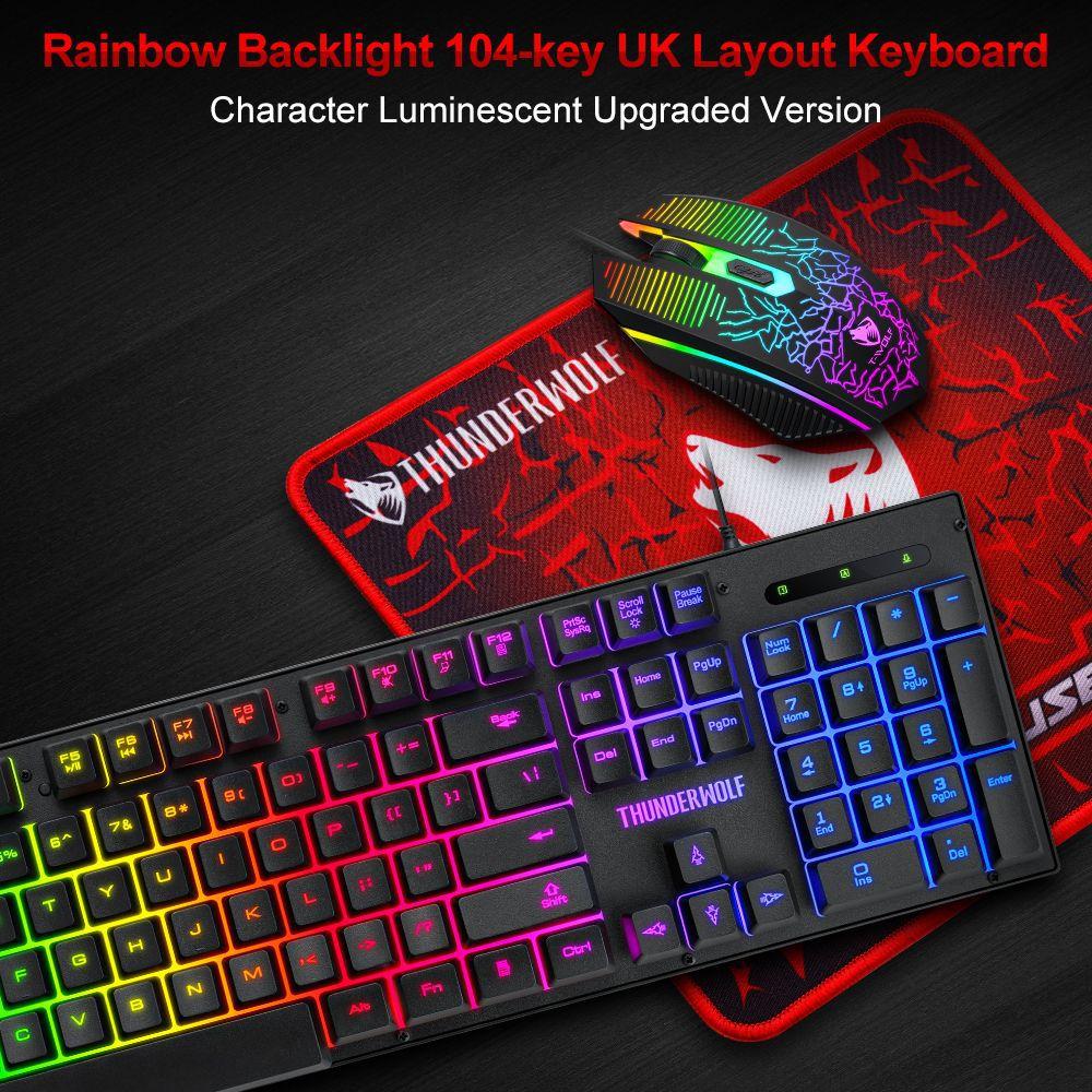 T-WOLF 3PCS Gaming Keyboard Mouse Pad Set Mechanical Feel Keyboard Optical Mouse with RGB Backlit for PC