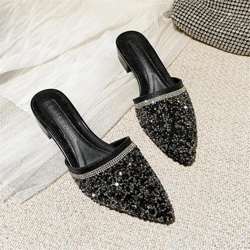 Women Slippers Fashion Rhinestone Sequins Slip On Square Heel Pumps Lady Classic Black Beige High Quality Comfort Summer Shoes