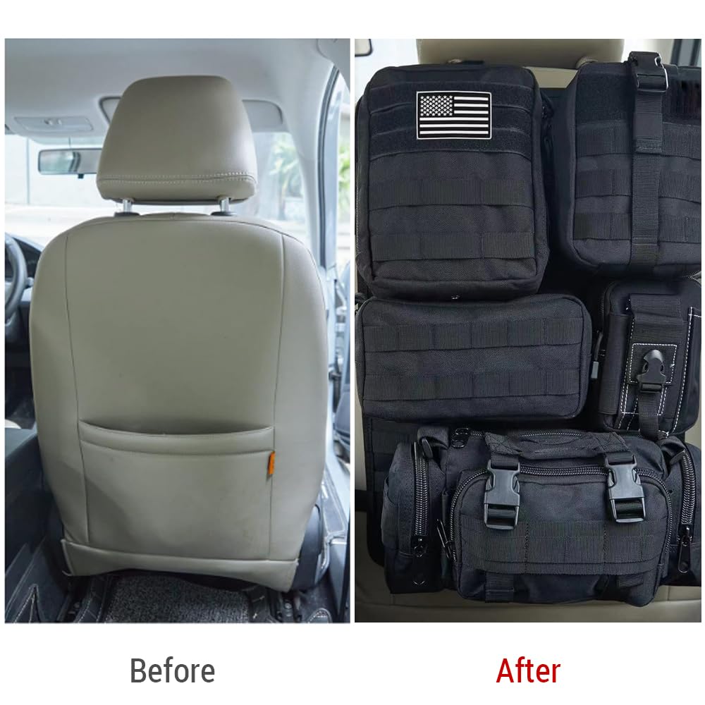 MOLLE Vehicle Universal Car Seat Back Molle Panel Organizer Storage Bag with 5 Detachable Molle Pouches Organizer, Organizer,