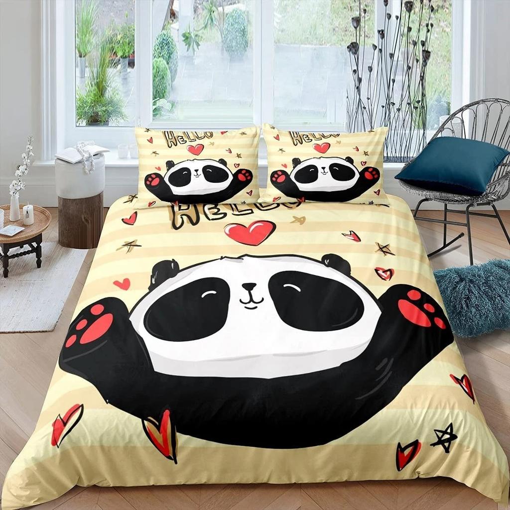 Panda Duvet Cover Set Cherry Blossoms Cute Animal Bedding Set Flower Branches Cartoon Double Queen King Polyester Quilt Cover