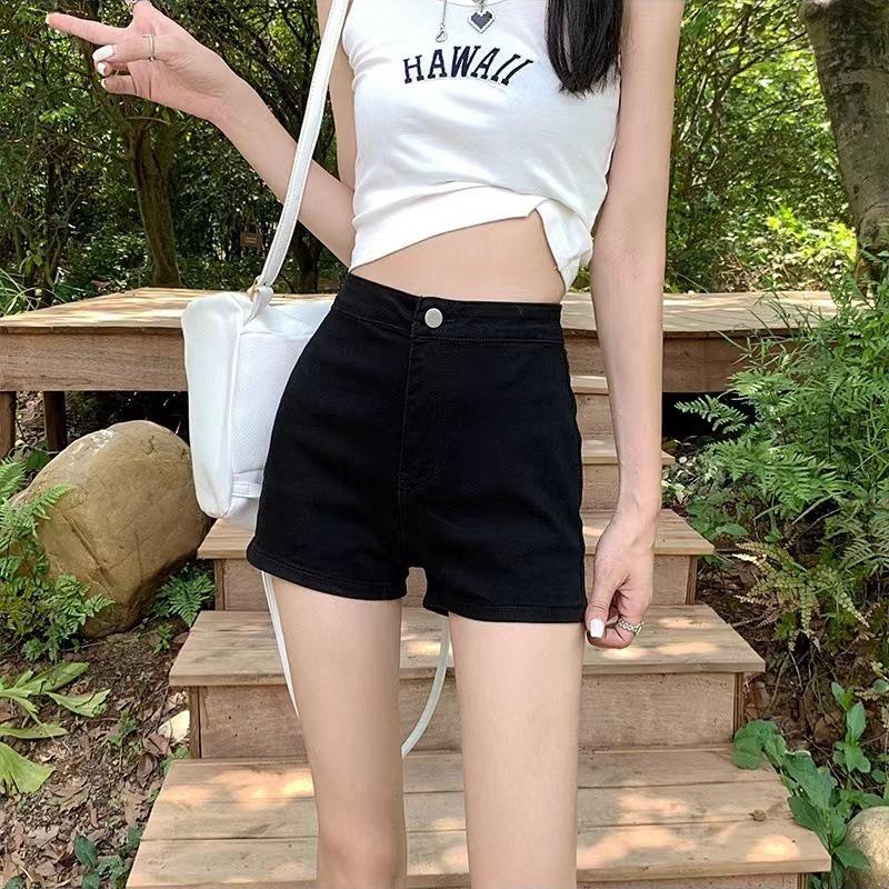 Summer 2024 Women's Black High-Waist Slim Denim Shorts, Korean Edition