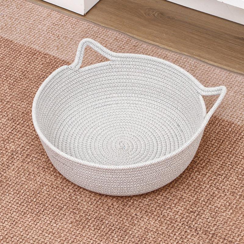 Cotton Rope Woven Cat Bed Basket Dual‑handle Nest with Cushion Cooling Pad Scratch‑proof for Indoor Cats All Season