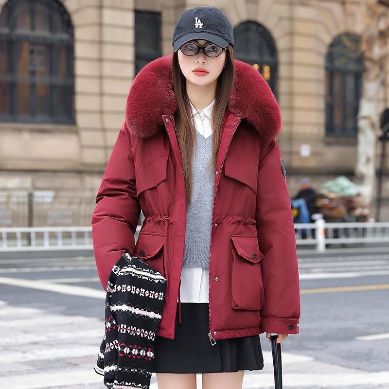 Women Short Medium Length Down Jacket Winter Warm Stand Collar Solid Color Casual Outerwear Coat