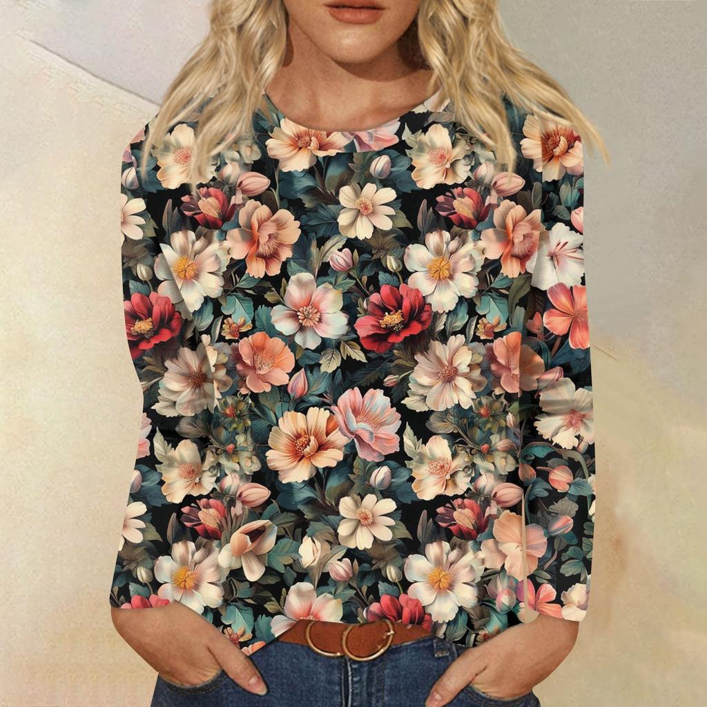 Women's Fashion Casual Long Sleeve  Print Round Neck Top