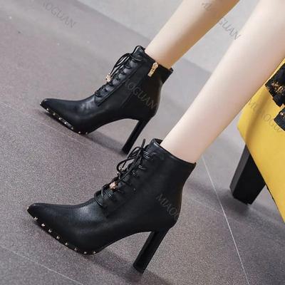 Nieten Schwarze High-Heel Kurze Stiefel Damen Frühling Herbst Schuhe Schnürschuhe Spitzzehe Mode Stiefeletten Seitenreißverschluss Dicke Absätze Damen