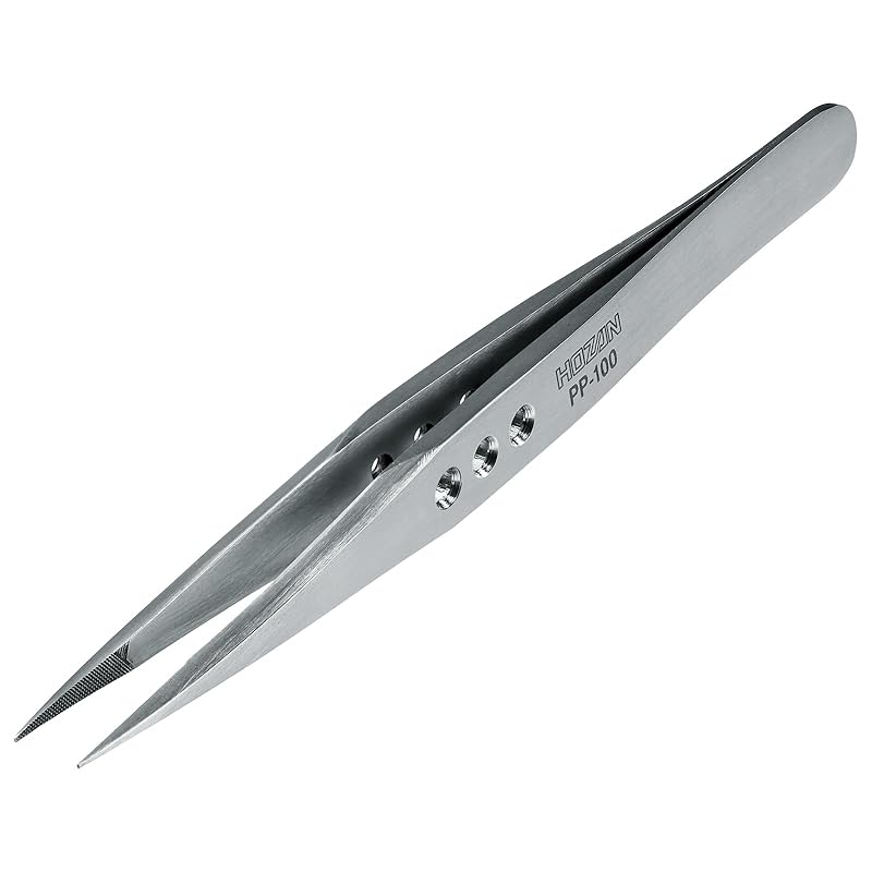 HOZAN Tweezers, Thick Finish, 2.8mm Plate Thickness, 125mm Total Length, 8mm Opening Width, 0.6mm Tip Width, Straight, PP-100