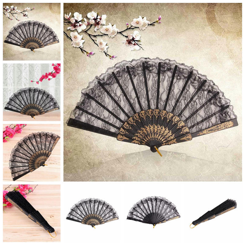 Black Spanish Style Dance Party Wedding Lace Silk Folding Hand Held Flower Fan