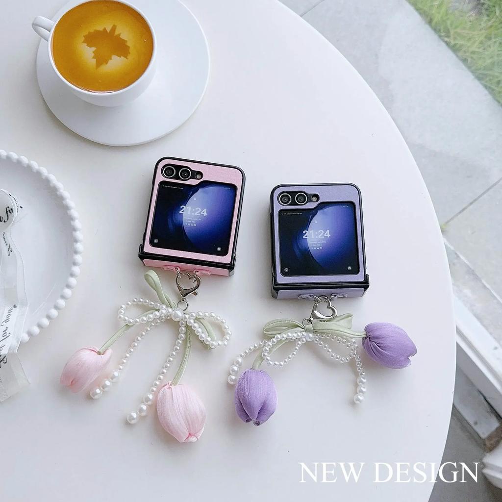 Perlen Schleife PU Leder Blume Handgelenkschlaufe Handyhülle für Samsung Galaxy Z Flip 6 5 4 3 5G Scharnierschutz Stoßfeste Hülle