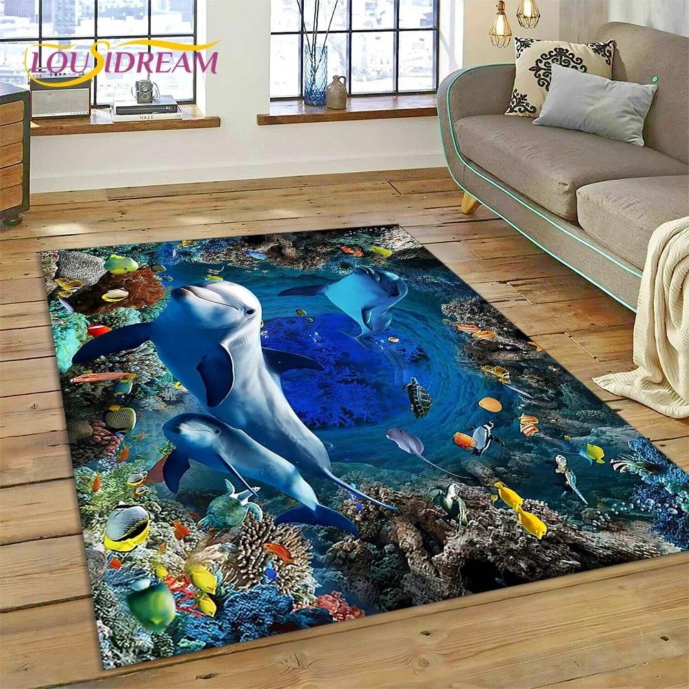 Tappeto Tappeto Decorazione Tappetino per Pavimento Decorazione Cartoon Mondo Sottomarino Illusion 3D Fondo Marino Squalo Delfino per Camera da Letto Soggiorno Divano, Decorazione Bambino