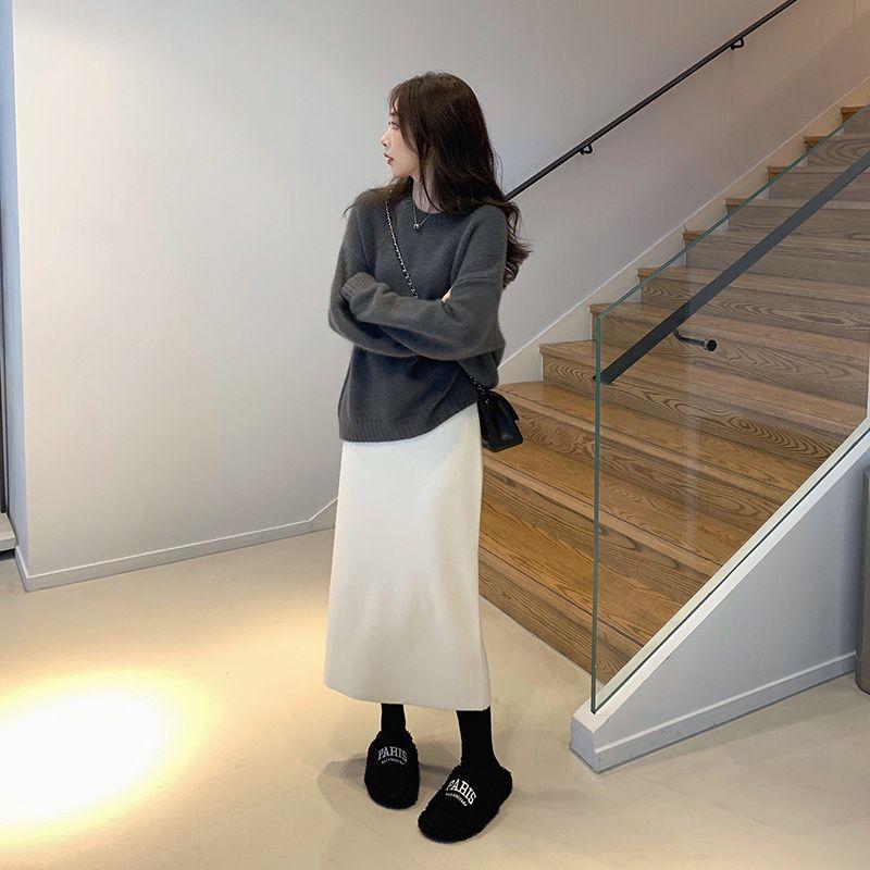 Slim-Fit Pencil Skirt Women's Autumn Winter Knitted Midi Half Skirt High Waist Loose Thickened Straight Bodycon Wool Skirt