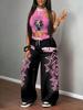 Trendige Marke Streetstyle Kontrastfarben Bedruckte Weste Weitbeinige Hosen Set Lässig Spice Girl Stil Dünnes Zweiteiler Set