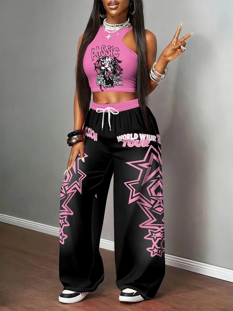 Trendige Marke Streetstyle Kontrastfarben Bedruckte Weste Weitbeinige Hosen Set Lässig Spice Girl Stil Dünnes Zweiteiler Set