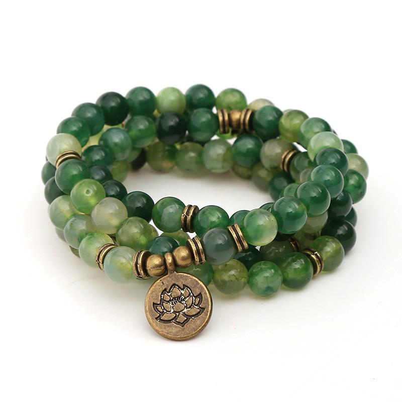 Green Dragon Pattern Agate Bracelet with Lotus Pendant - 108 Beads, Three-Circle Elastic Design for Men  Women 8mm Beads