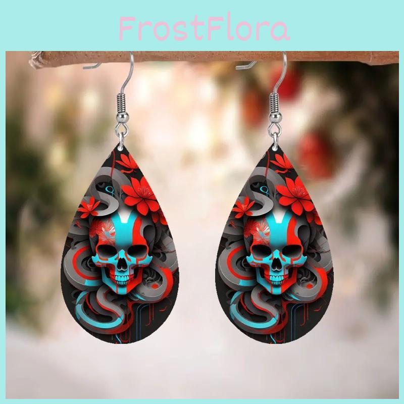 Halloween Themed Flower Skull Patterns Water Droplet Shaped Women Earrings For Night Party Gothic