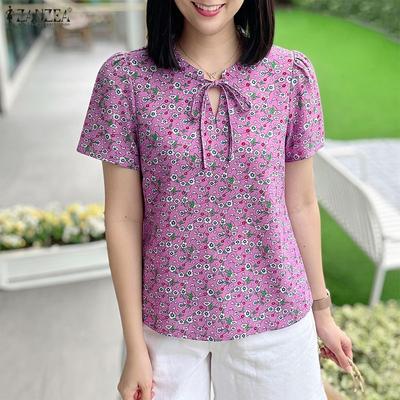 Blusa Casual da Donna a Girocollo con Stampa Floreale a Maniche Corte