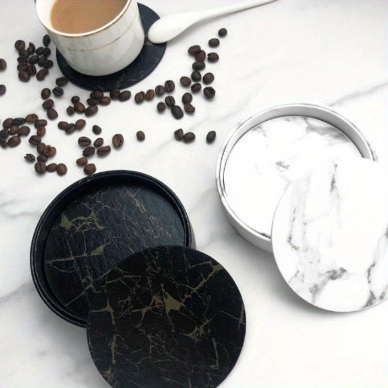 6pcs Marble Coaster Artificial Leather 10cm Oil and Water Resistant Heat Resistant with Base Double Sided Leather Coffee Coasters