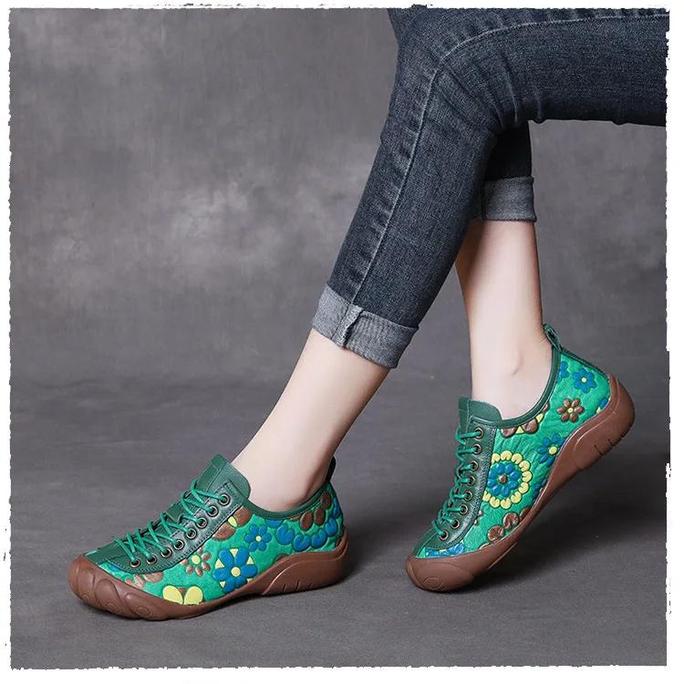 Johnature Ethnic Style Retro Handmade Genuine Leather Soft Soled Shoes Cowhide Lace-up Women's Flat Shoes