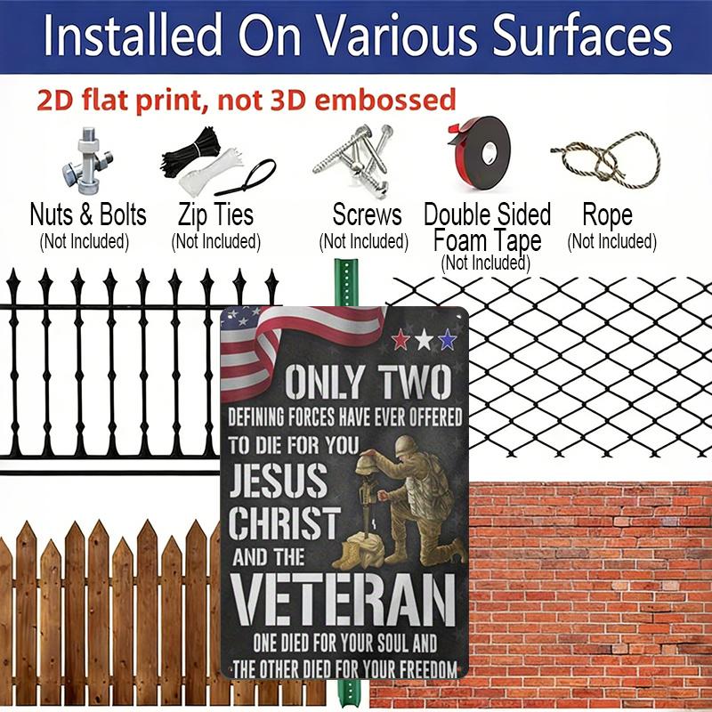 2D Flat Veteran Tribute Metal Sign, "Jesus Christ and The Veteran" Quote, 8×12 Inch Aluminum Wall Art, Patriotic Design, Durable Decor for Memorial