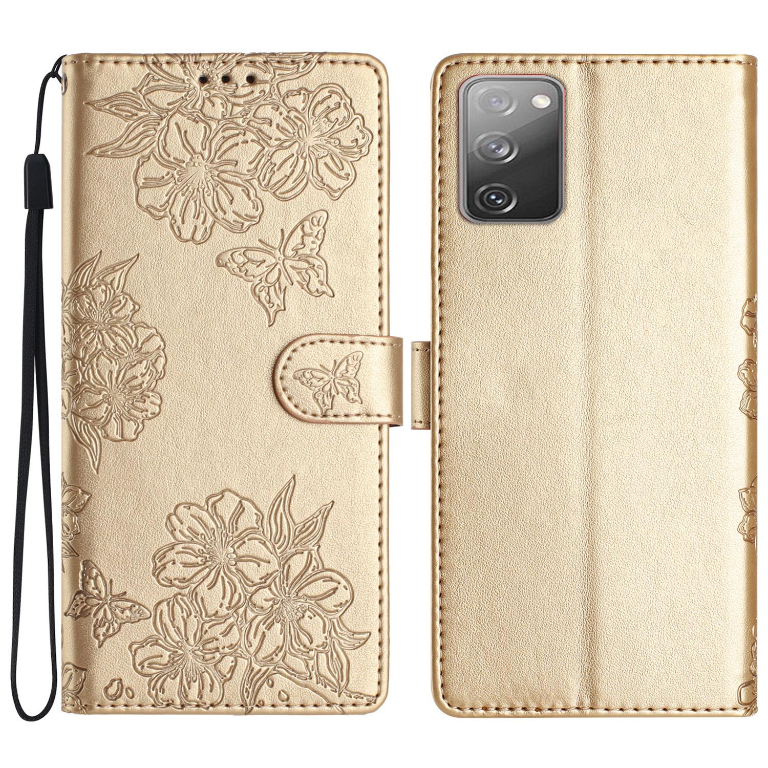 

For Samsung Galaxy S20 FE/S20 FE 5G/S20 FE 2022/S20 Lite Case Sakura Butterfly Imprint Leather Wallet Phone Cover Gold