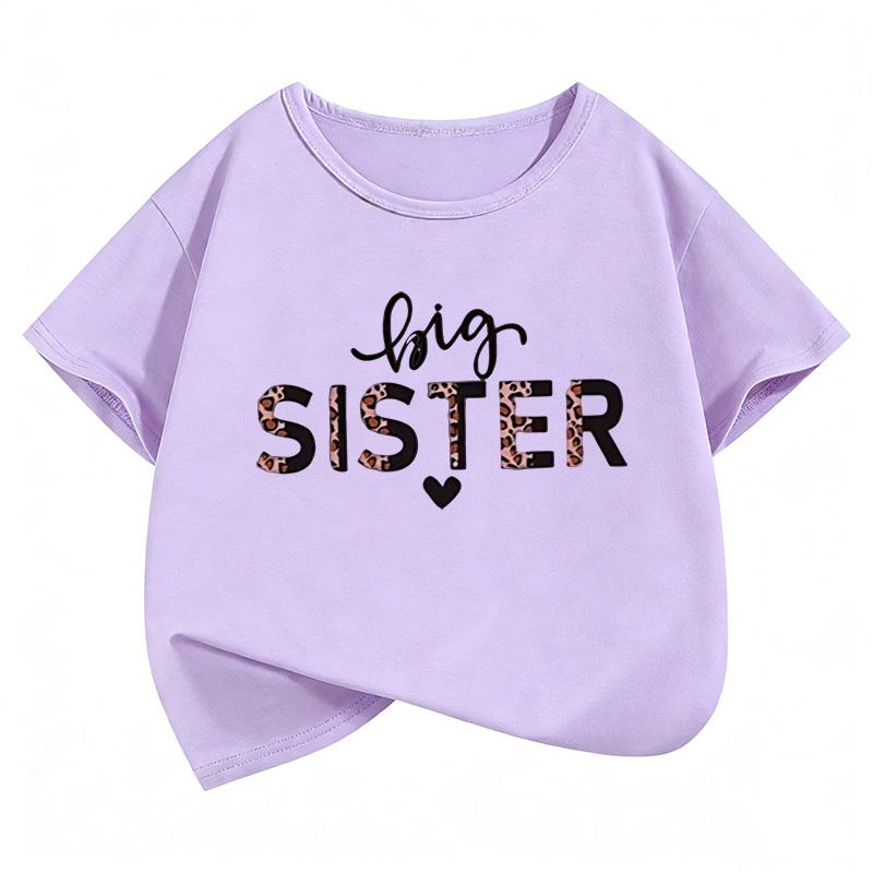 Fashion Big Sister Leopard Print T Shirts Short Sleeve Kids Childrens Tshirt Girls Summer Spring Casual Top Tee Shirt