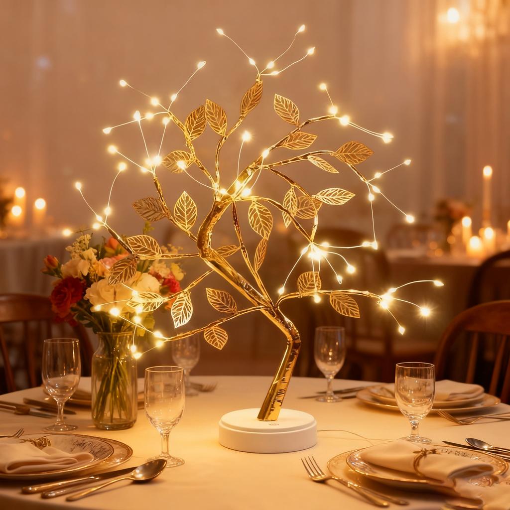 Golden Leaf Tree Lamp with 72 LEDs Decorative Night Light, USB/ Battery Dual Power Supply ,Suit for Wedding Party Home Decor