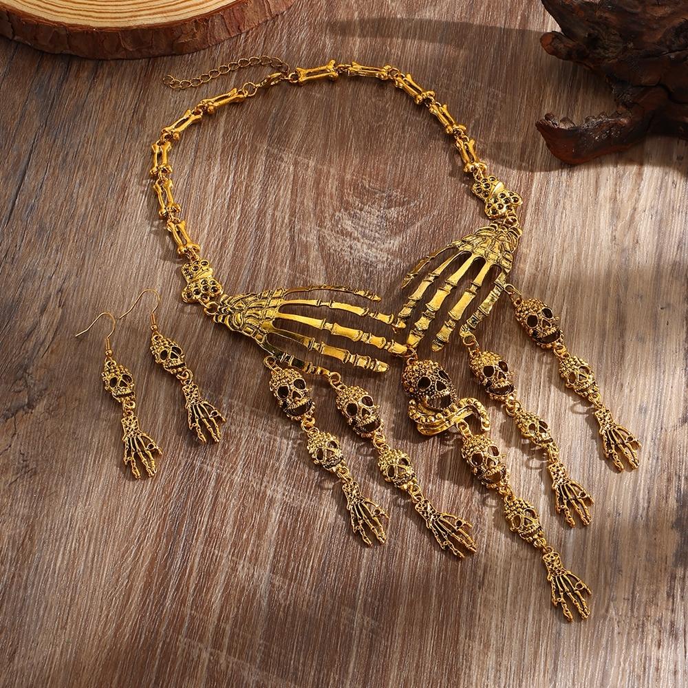 New Halloween Jewelry Gothic Punk Vintage Metal Ghost Hand Skull Necklace and Earring Set for Women Party Accessories