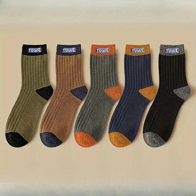 5 pares de meias masculinas modernas com blocos de cores, meias respiráveis, confortáveis, casuais, unissex, para uso ao ar livre, para todas as estações