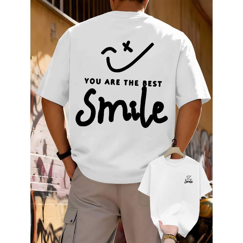 

Мужская летняя футболка с веселым принтом лица - Веселый принт спереди и сзади, Повседневная футболка с коротким рукавом и круглым вырезом со смайликами, Летний базовый элемент гардероба Подходит S белый