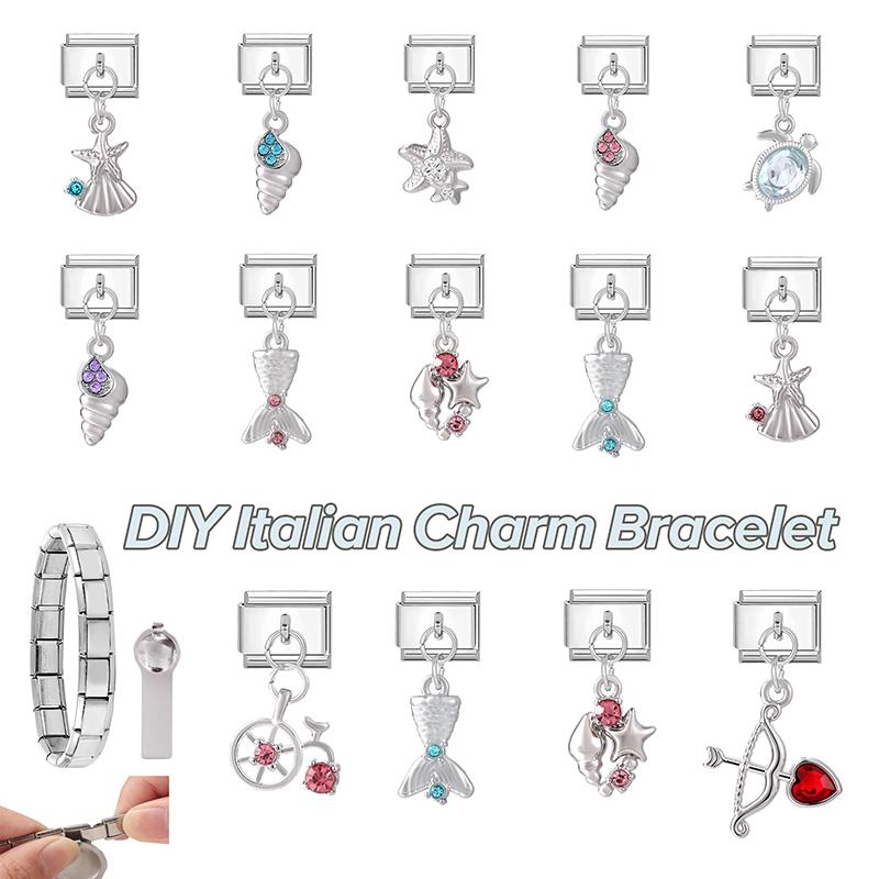 Zircon Turtle Starfish Conch Fishtail Cherry Pendant Italian Charm Links Fit 9MM Stainless Steel Bracelet Women DIY Making Gifts