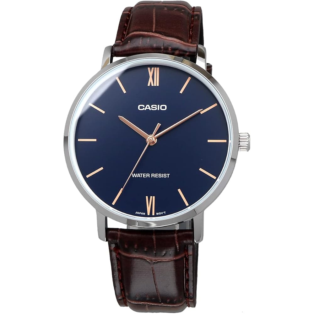 Casio MTP-VT01L-2B Quartz Men's Watch Navy Brown Leather Band Imported Model