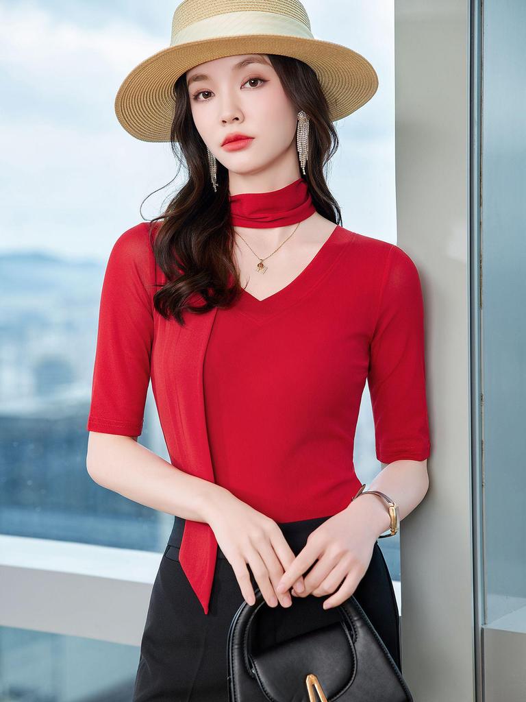 Women's Slim Fit V-Neck Mesh Base Layer Blouse - Solid Color Long Sleeve Top