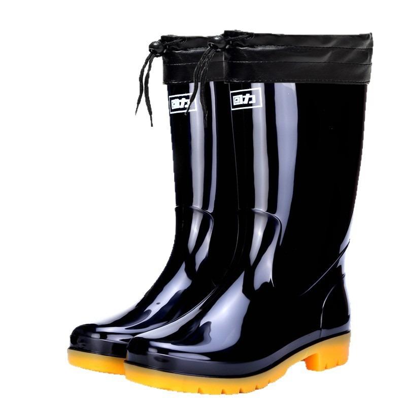 Pull Back Rain Shoes Men's Velvet Warm High Rain Boots Non-slip and Wear-resistant Beef Tendon Sole Medium Tube Waterproof Shoes Fishing Rubber Shoes