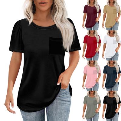 T Shirts For Women Pleated Round Neck Dressy Casual Blouses Printing Short Sleeve Summer Tops Loose Fit