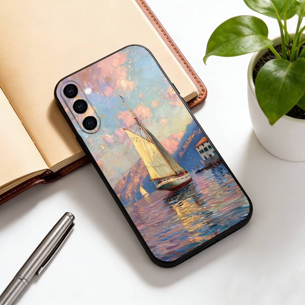 Ölgemälde Segelboot Handyhülle Für Samsung Galaxy A73,A72,A71,A70,A53,A52,A51,Weiche Silikon Schwarze Hülle