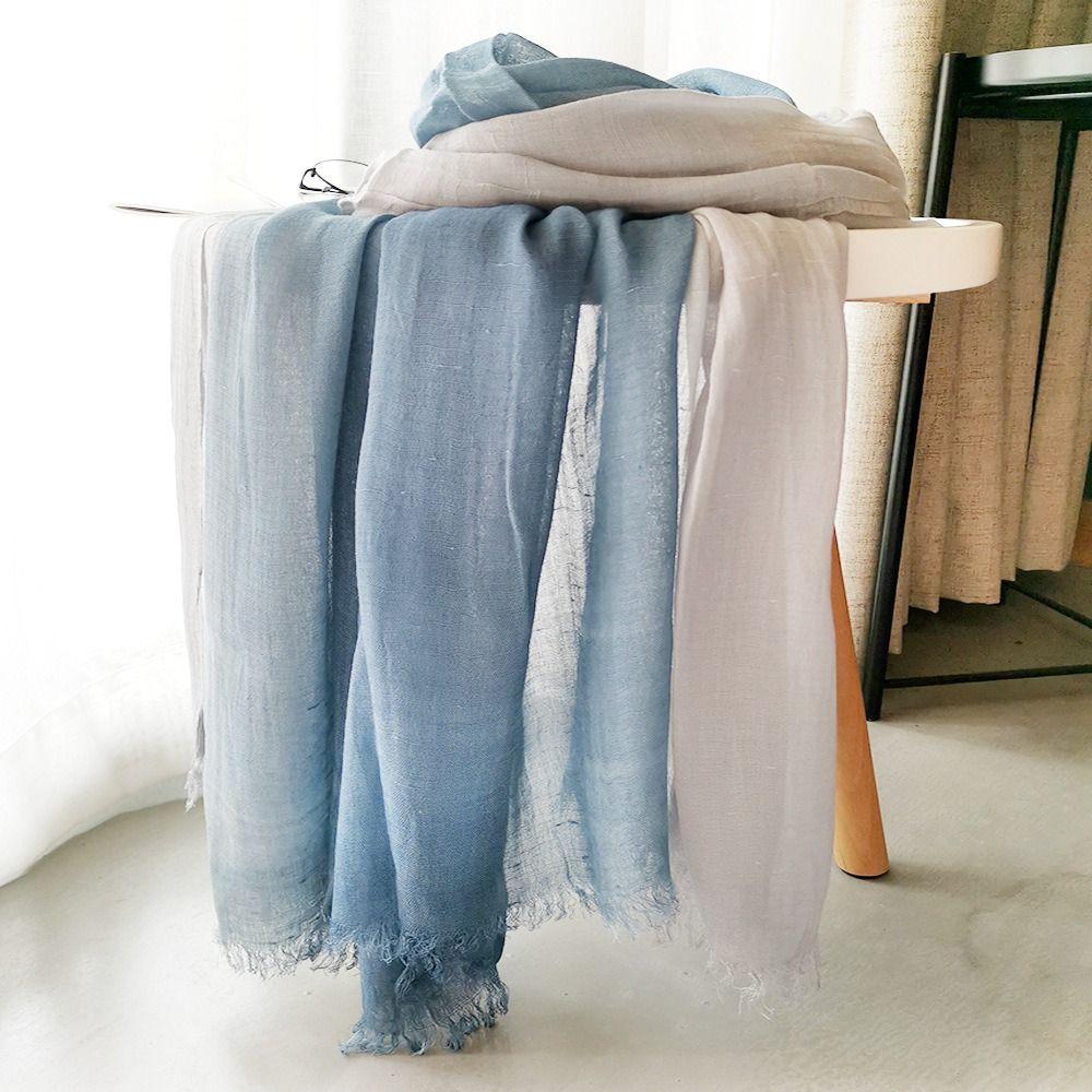 Lightweight Gradient Color Scarf Unisex Fringe Shawl Wrap Cotton Linen Scarf  For Women Ladies