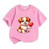 Kids Boys Girls 100% Cotton Crew Neck Short Sleeve T-Shirt, Cute Cartoon Puppy Hold Red Heart Print Soft Casual Tees for Children Summer Daily Wear To